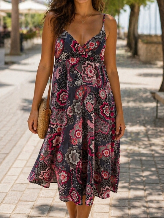 Vintage Dresses & Skirts - Y2K Paisley Babydoll Stretchy Midi Dress Pink Black Fairy Romantic Slip Dress